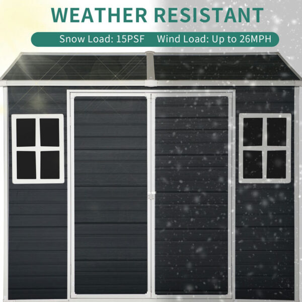 8x6ft Outdoor Resin Garden Shed with Floor and 2 Windows, Plastic Patio Outdoor Storage Shed with Lockable Door for Garden Tools, Bicycles, Trash Cans - Image 2